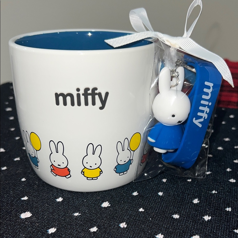Magenta Miffy Mug with Blue Interior and Bunny Keychain